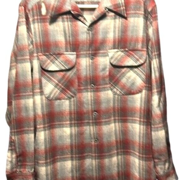 Pendleton Mens Long Plaid Wool Shirt Gray/Red Buttons & Pockets - Picture 1 of 4